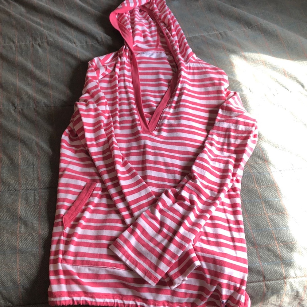 Light weight hoddie. Pink and white stripes